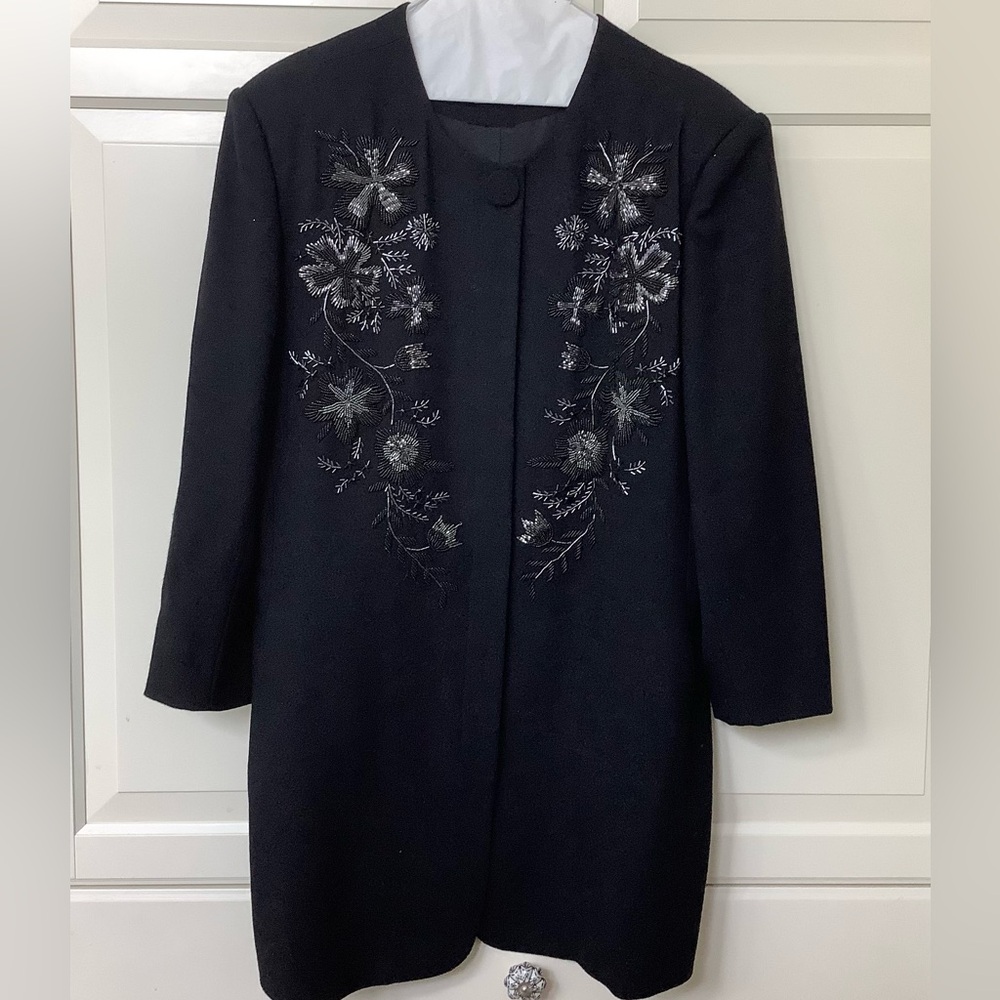 Vintage Black Embroidered Women's Wool Jacket & Skirt Set